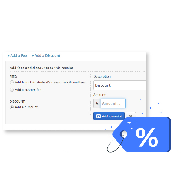 Discounts applied to student fees and invoices